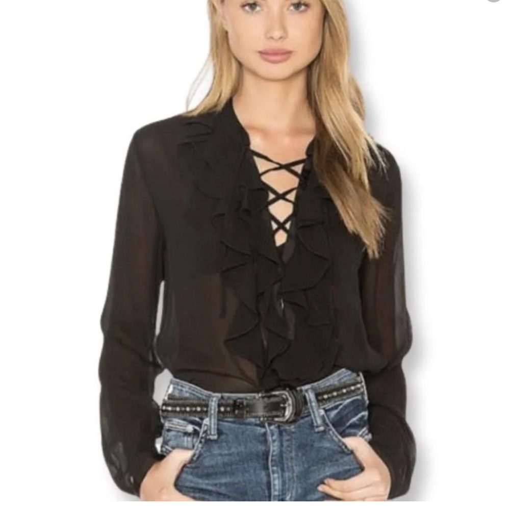 Theory sheer ruffle lace up blouse